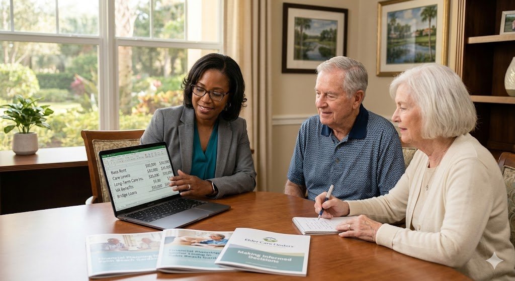 An Elder Care Finders consultant reviewing costs and financial planning for assisted living Palm Beach Gardens with a senior couple on a laptop.