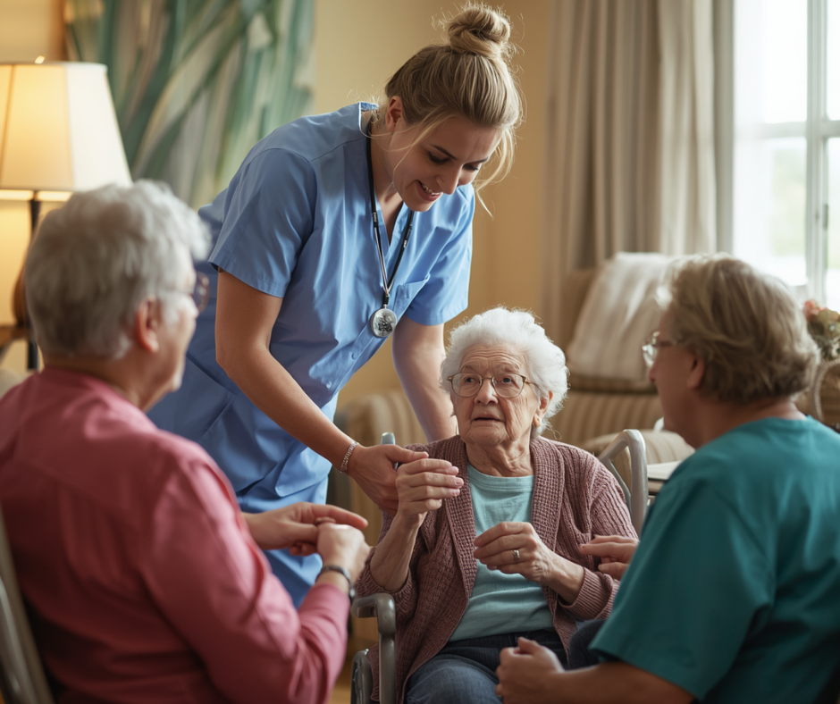 Caregiver assisting elderly senior in assisted living environment with support and supervision in Palm Beach County