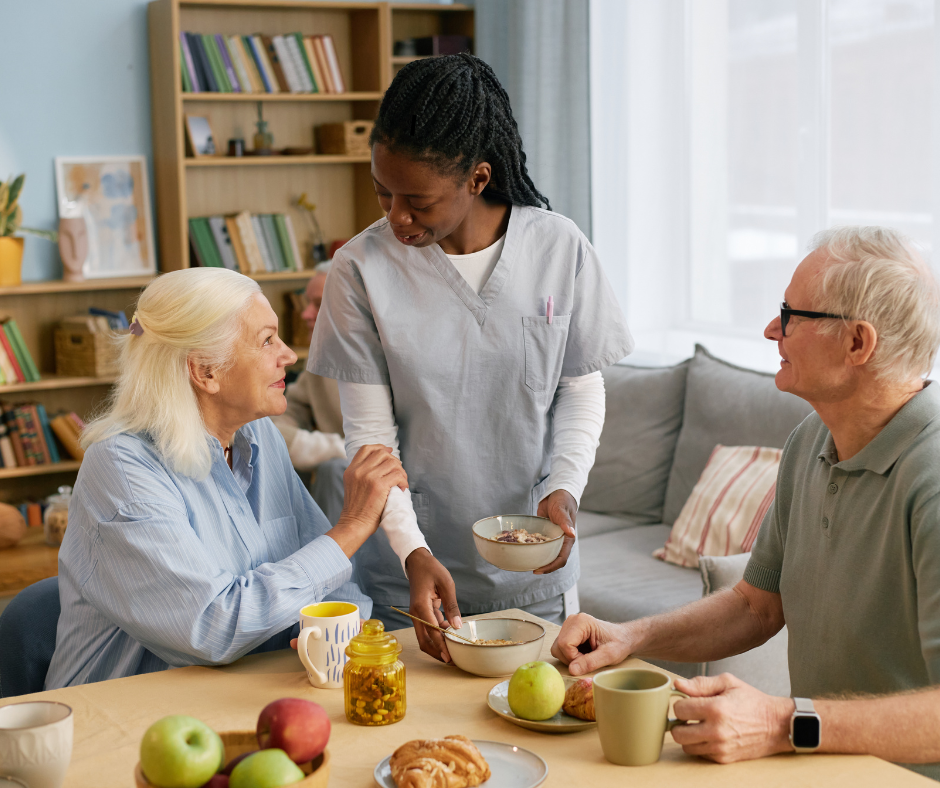 Caregiver assisting seniors with healthy meal and nutrition support in Palm Beach County home setting