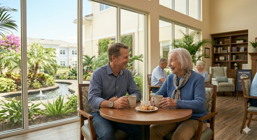 Adult son visiting his elderly father in a sunny assisted living community common area — Elder Care Finders Palm Beach County