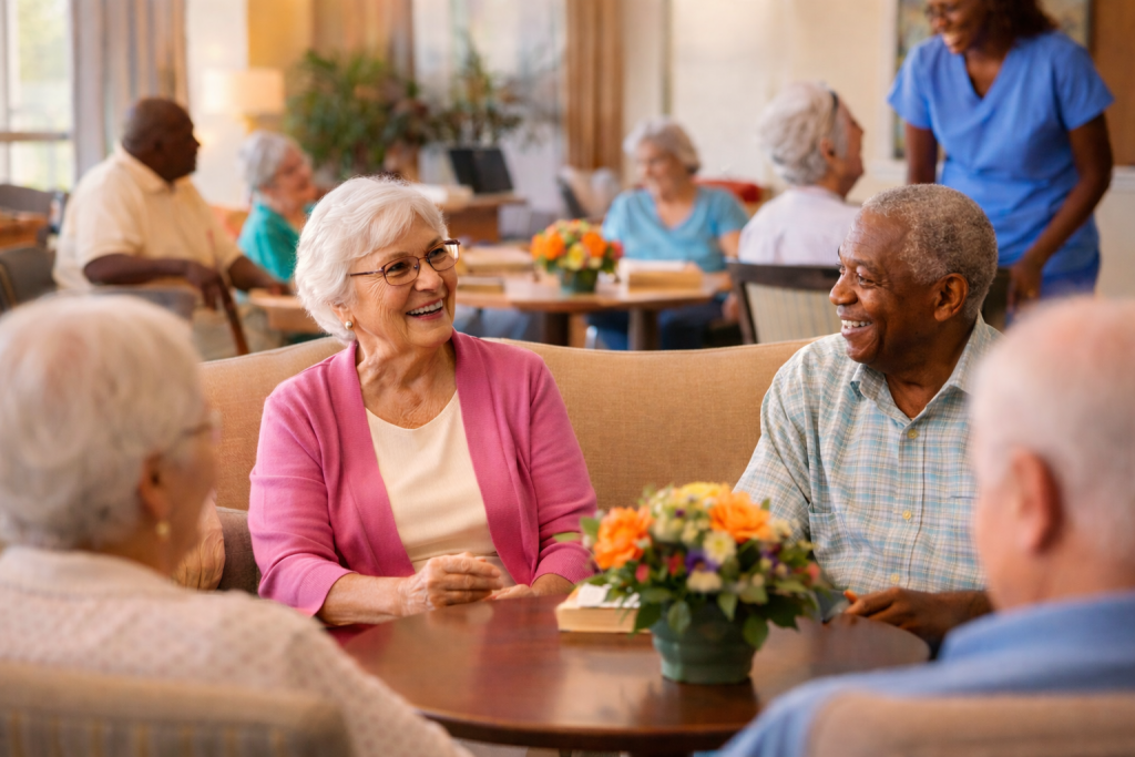 Seniors socializing and engaging in activities inside a senior living community in Palm Beach County