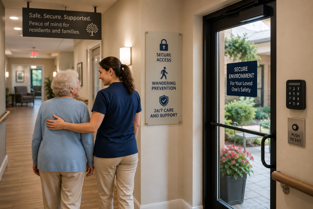 Senior resident walking safely with caregiver in a secure memory care community featuring wandering prevention measures, safety features, and dementia care security in Palm Beach County and South Florida.