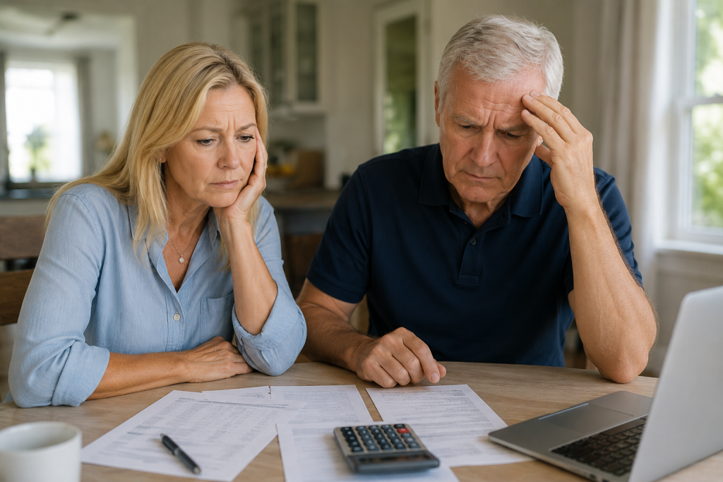 Adult family members reviewing paperwork and financial documents together at home while planning senior care decisions, representing common mistakes families make during senior living planning and how to avoid them in Palm Beach Gardens, West Palm Beach, and South Florida.