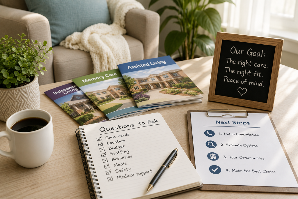 Senior living planning resources including assisted living, memory care, and independent living guides with a family decision-making checklist, illustrating how senior placement services help families evaluate care options in Palm Beach County, Florida.