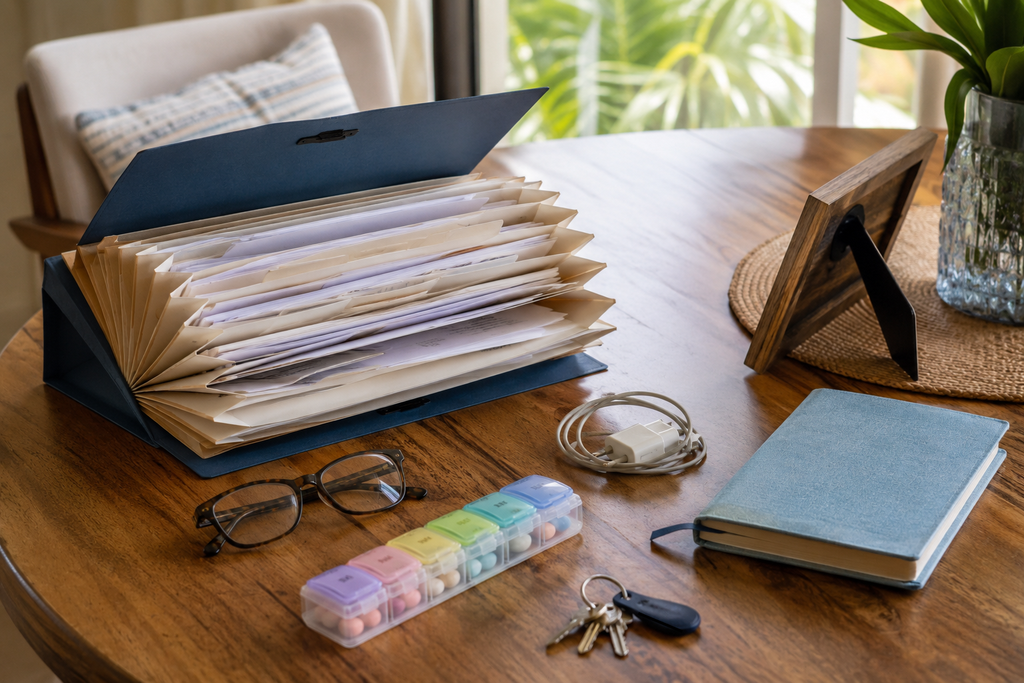 Hospital discharge documents, medication organizer, glasses, keys, and phone charger prepared for an assisted living move