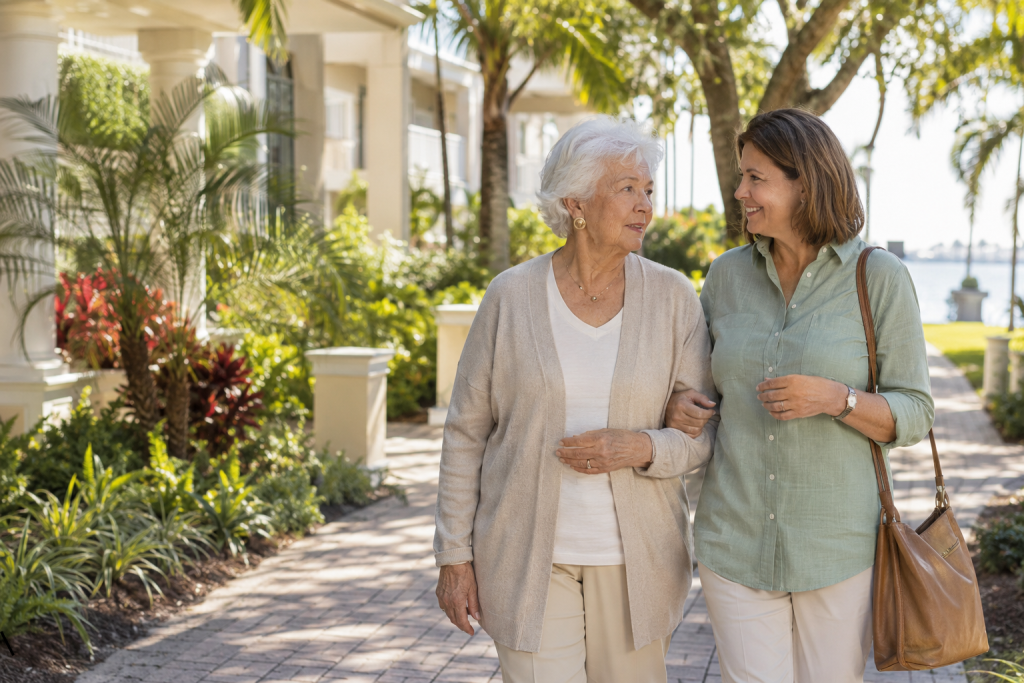 Senior woman walking with her adult daughter outside a senior living community in North Palm Beach