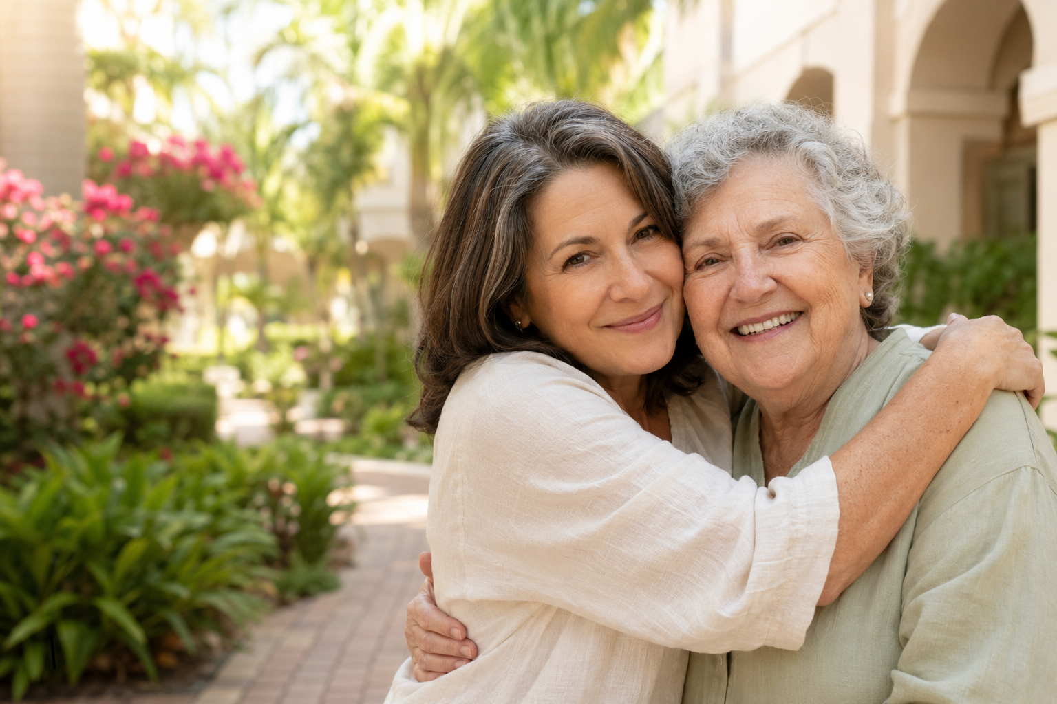 Adult daughter embracing her mother outside a senior living community in West Palm Beach