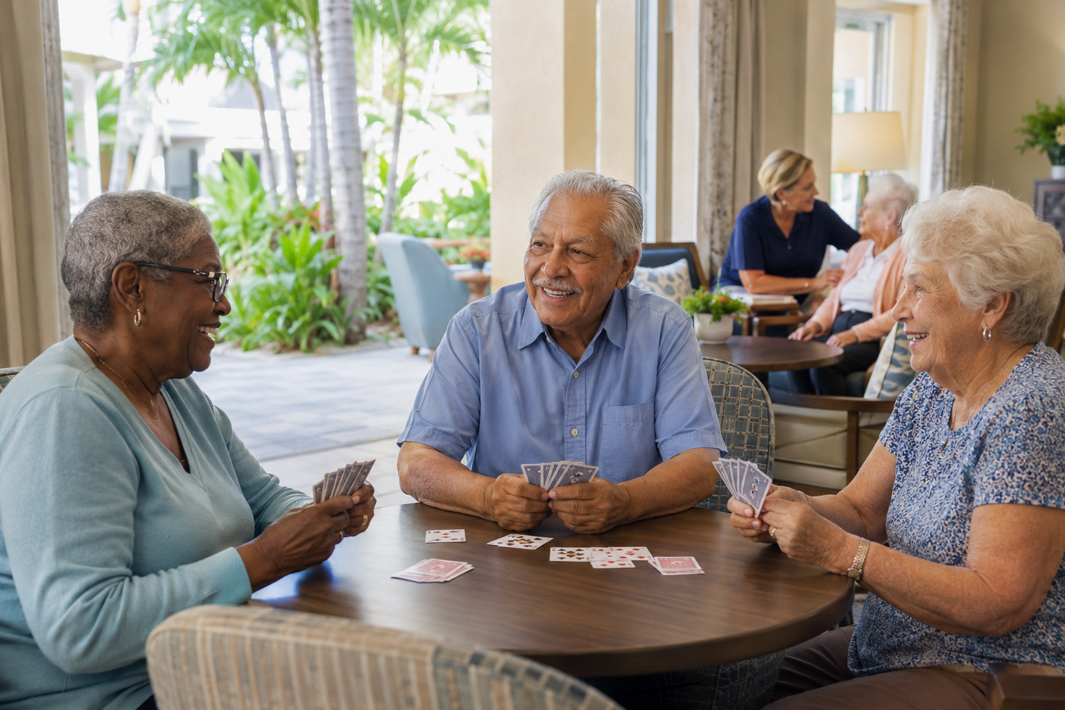 Older adults enjoying a card game in a Palm Beach County senior living community