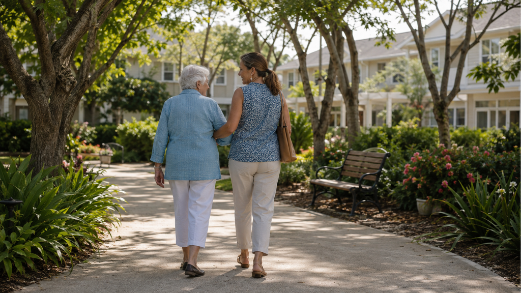 Older mother and adult daughter exploring a senior living community in South Florida