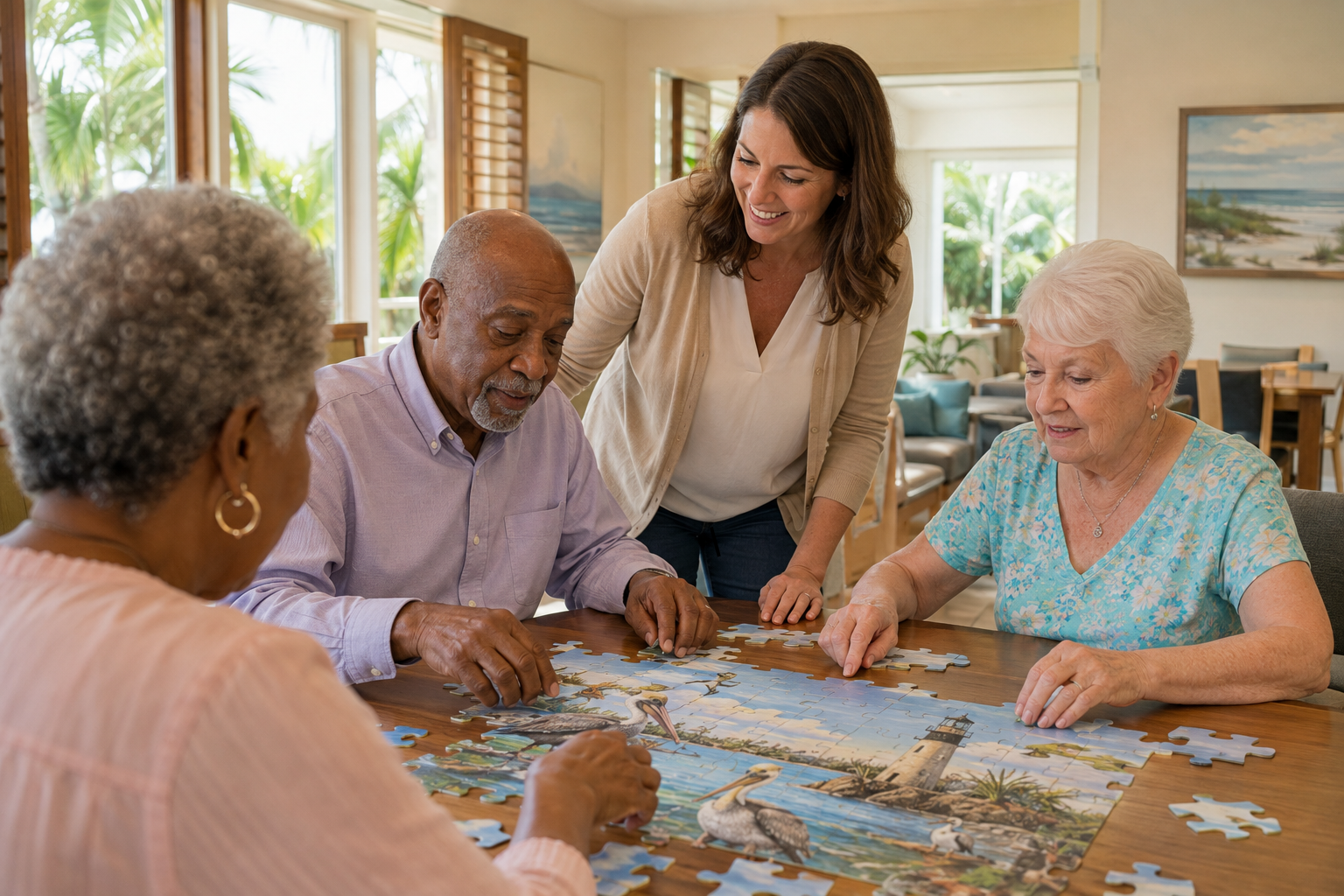 Older adults completing a puzzle with an activities coordinator at a senior living community in Jupiter, Florida