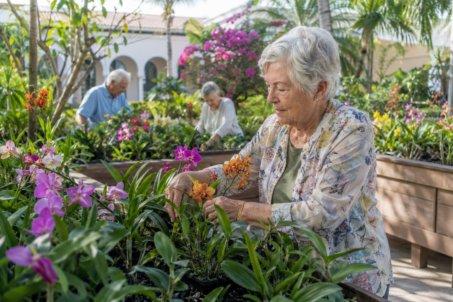 Senior woman gardening with other residents at a community in Palm Beach Gardens