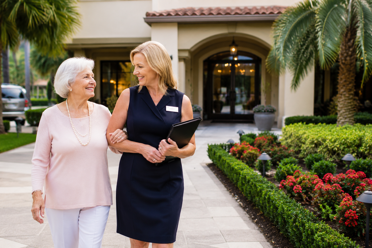 Senior woman with a senior living advisor at a Palm Beach senior living community