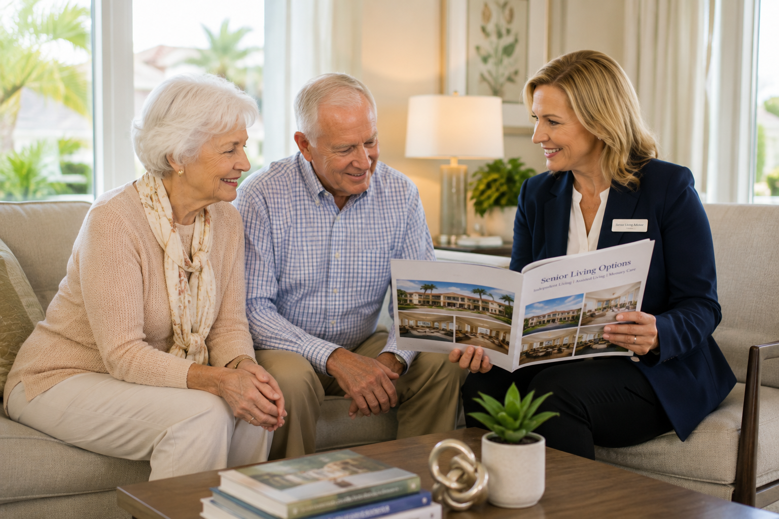 Senior couple meeting with a senior living placement advisor in Wellington, Florida