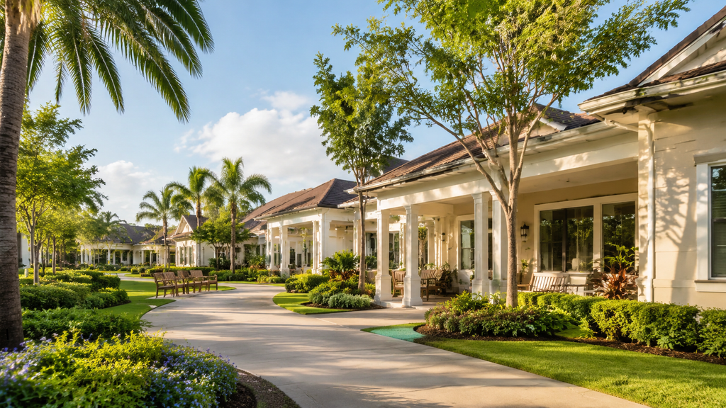 Senior retirement community with landscaped walking paths in South Florida
