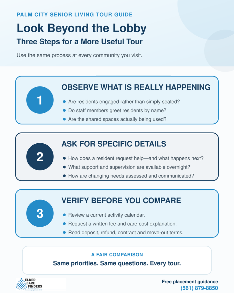 Palm City senior living tour checklist explaining what families should observe, ask and verify