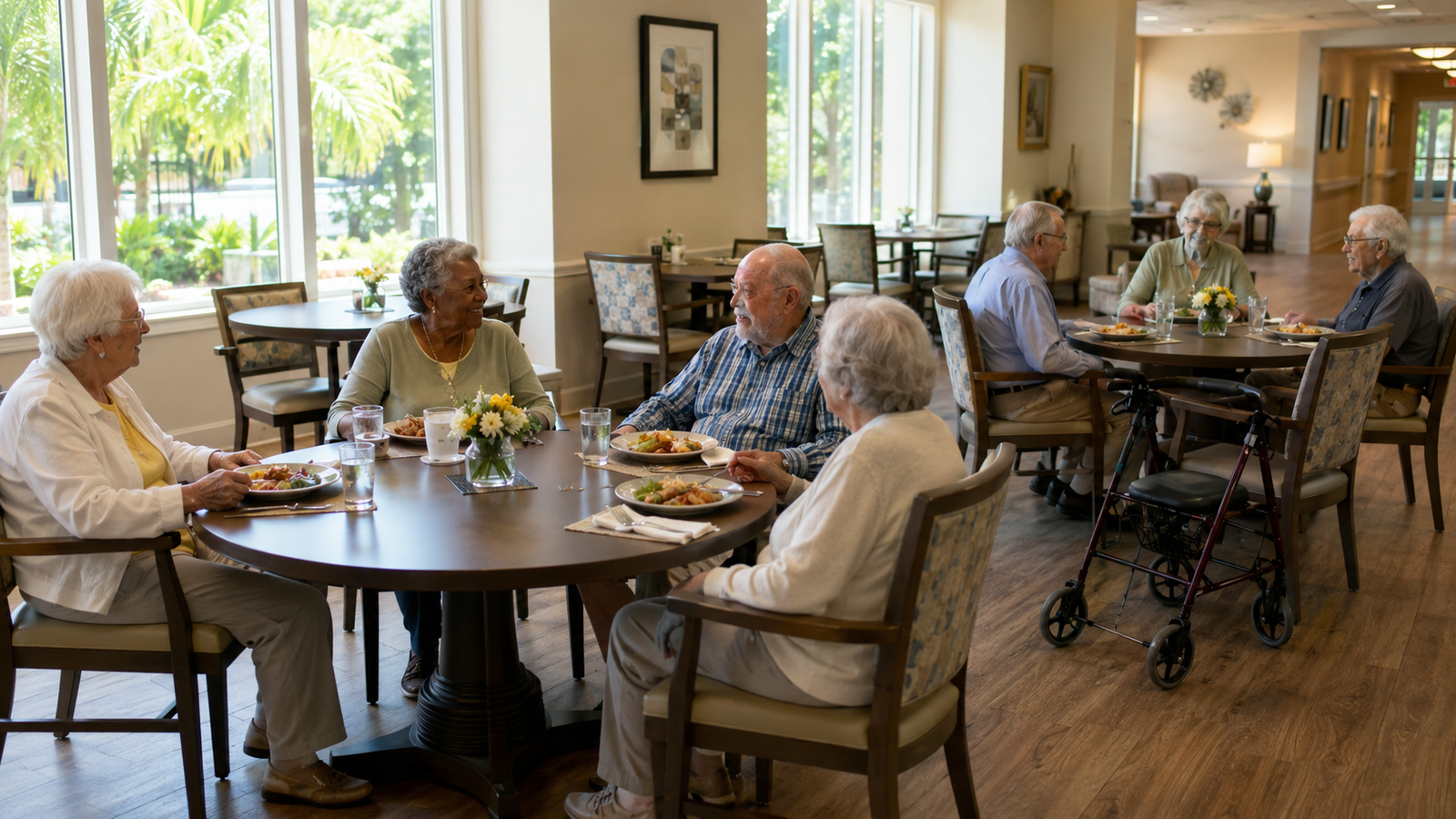 Older adults enjoying lunch together inside a senior living community in Fort Pierce, Florida