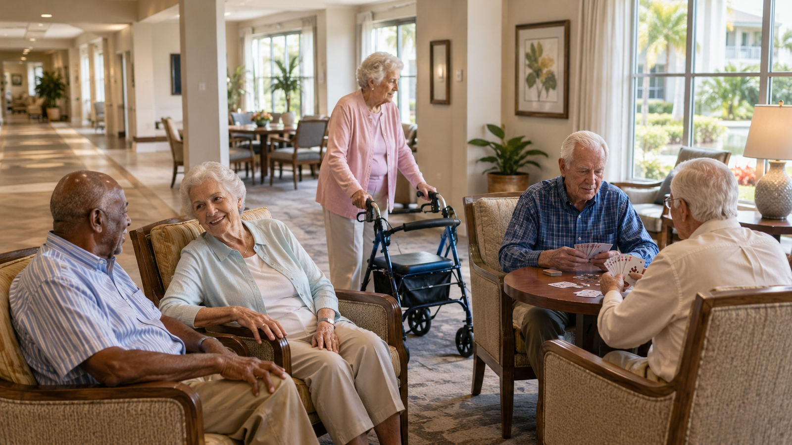Older adults socializing and playing cards inside a senior living community in Hobe Sound, Florida