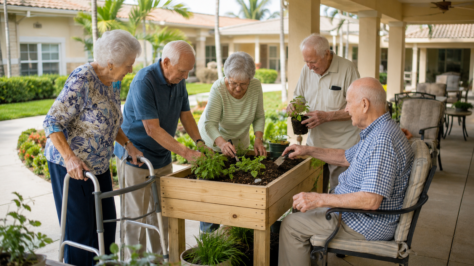 Older adults gardening together in the courtyard of a senior living community in Palm City, Florida