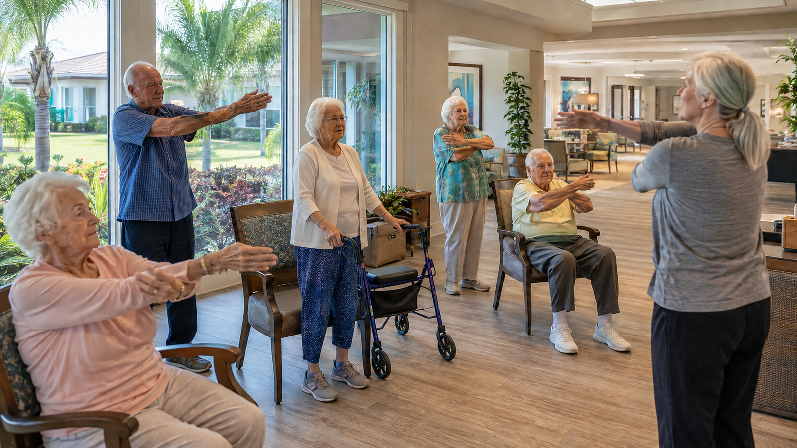 Older adults participating in a group activity inside a senior living community in Port St. Lucie, Florida