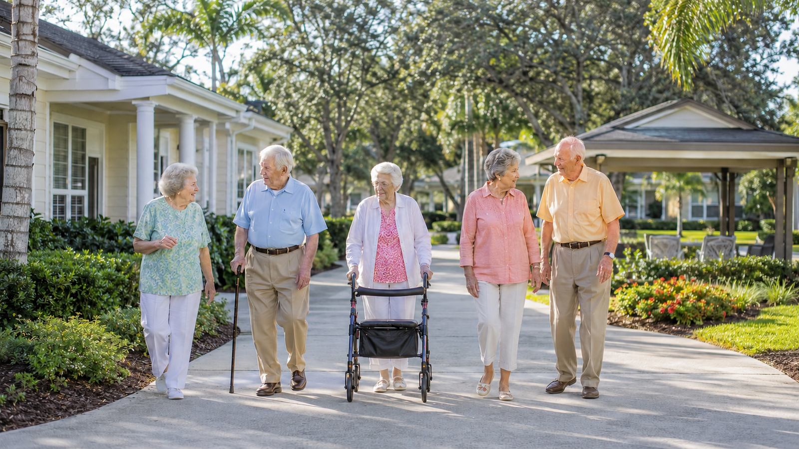 Older adults walking together on the grounds of a senior living community near St. Lucie Village, Florida.